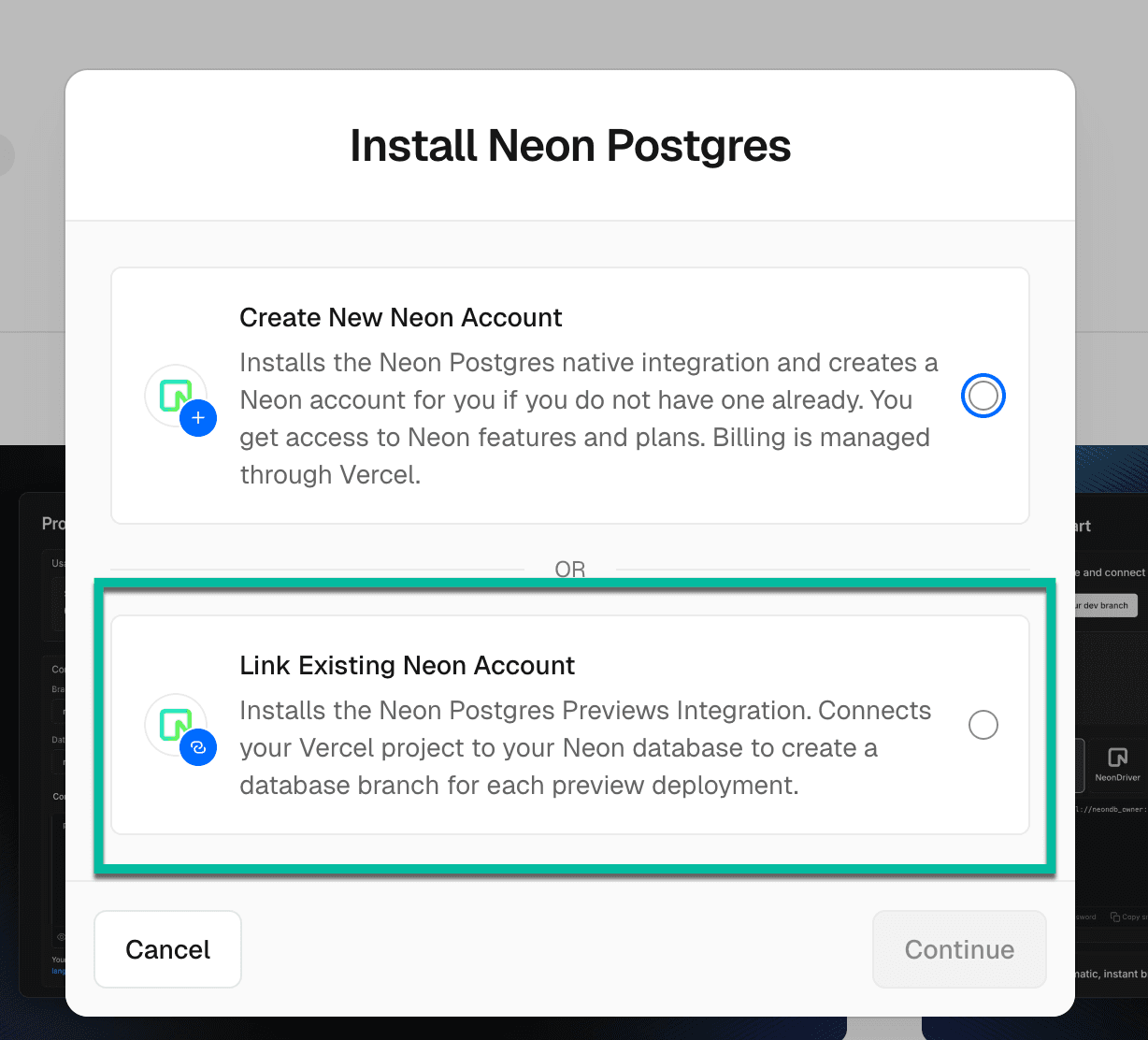 Select the linked account integration option